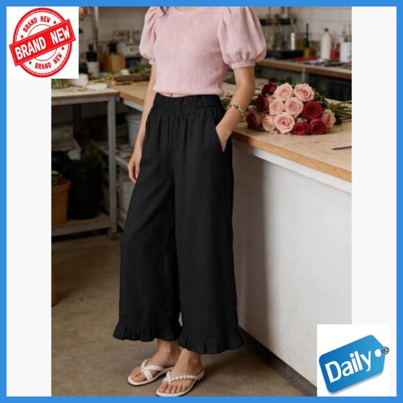 High Waist Wide Leg Pants Ruffle Hem Casual Cropped Trousers Lightweight Lounge - Picture 3 of 5